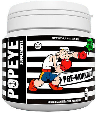 POPEYE Pre-Workout Jar 250гр.   Употребление Попай Самплементс При-Вокаут -250 грамм способствует улучшению спортивной выносливости и повышает мозговую активность.