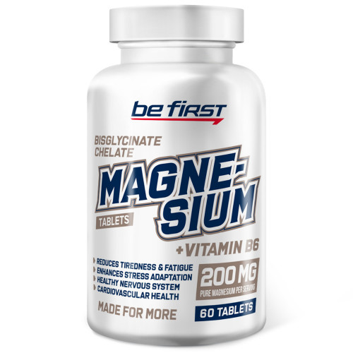 BeFirst Magnesium bisglycinate chelate b6 60 tab  Сочетание магния в легко усваивающейся хелатной форме и витамина B6 (пиридоксина) восполняет потребности организма в этих веществах. В отличие от старых форм (сульфат или цитрат), которые усваивались лишь на 30%, соединение магния с аминокислотами (бисглицинат) всасывается гораздо лучше, позволяя снижать дозировку, но при этом достигая больших результатов. [3] Витамин B6 не только важен сам по себе, но и помогает усваивать магний, так что входящие в комплекс вещества действуют более эффективно, чем в случае приема по отдельности. [2]