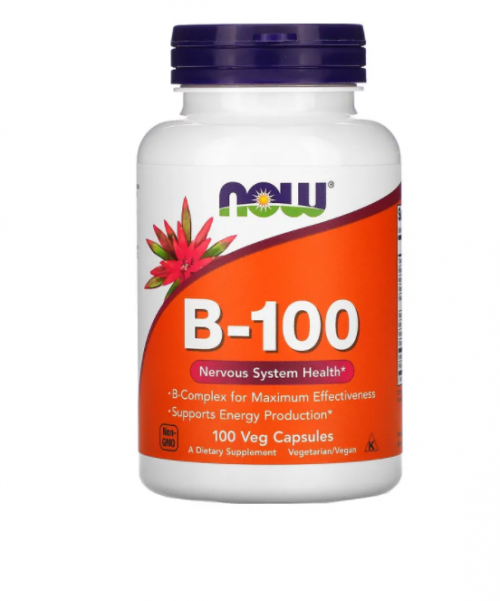 NOW Vitamin B Complex 100mg 100 caps Капсулы B-100 содержат полный набор витаминов группы B, а также холин и инозитол. Эти витамины способствуют выработке энергии, нормальному обмену гомоцистеина, укрепляют здоровье нервной системы. Витамины группы B растворяются в воде и, за исключением B12, не могут накапливаться в организме, поэтому требуют постоянного пополнения. Витамин В12 накапливается в печени. Почти все источники этого витамина — животного происхождения (мясо и молочные продукты), поэтому прием пищевой добавки с B12 может иметь важное значение для строгих вегетарианцев.