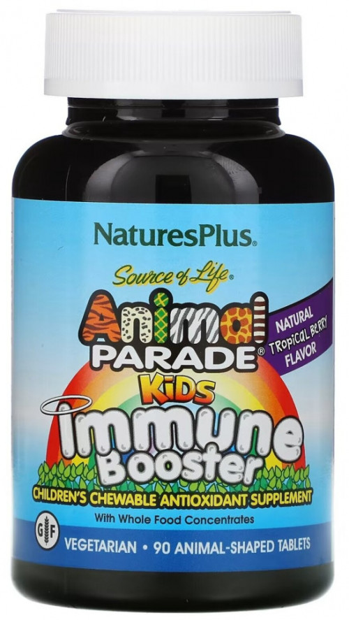 Nature&#039;s Plus AP Immune Booster 90 tab Chewable  Детские жевательные таблетки для укрепления иммунитета Animal Parade обеспечивают поступление в организм в эффективных количествах укрепляющих иммунитет витаминов A, C и E, а также усиливающий иммунную защиту цинк. Ваши дети полюбят эти жевательные таблетки в форме зверей за бесподобно сочный вкус тропических ягод! Уникальная смесь цельных растений, в числе которых зеленый чай и листья оливкового дерева, обеспечивает дополнительную питательную поддержку иммунитета, а ацидофилус помогает поддерживать баланс пищеварительной системы и обеспечивает оптимальное усвоение питательных веществ.