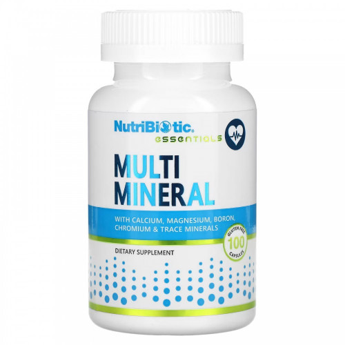 NutriBiotic Essentials Multi Mineral 100 caps Мультивитаминные капсулы NutriBiotic® содержат кальций, магний, бор и хром, а также другие важные микроэлементы. и микроэлементы. Минералы делятся на две группы: основные минералы и микроэлементы, оба из которых важны и требуются в разных количествах для различных функций организма. Если необходимое количество каждого минерала не потребляется с пищей, необходимо принимать добавки, богатые питательными веществами.

NutriBiotic Multi Mineral содержит основные и микроэлементы в удобной для проглатывания, легкоусвояемой, хорошо всасывающейся и быстрорастворимой капсуле.