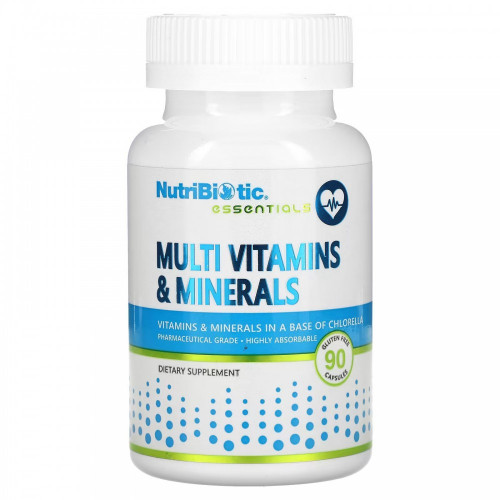 NutriBiotic Essentials Multi Vitamins &amp; Minerals 90 caps  Мультивитаминная формула NutriBiotic® обеспечивает сбалансированную смесь качественных питательных веществ, которые были тщательно отобраны из-за их высокой биодоступности и усвояемости и включают:

13 высокорастворимых, чистых витаминов фармацевтического класса USP-FCC
7 полностью прореагировавших (хелатированных) минералов полностью связаны с цитратами и аспартатами. Эта хелатная минеральная структура затем связывается с рисовым белковым комплексом.
72 чистых микроэлемента, полученных из океанического источника монтмориллонита
24 аминокислоты в свободной форме для дополнительного усвоения и питания в синергетической основе хлореллы, богатой питательными веществами одноклеточной зеленой водоросли.