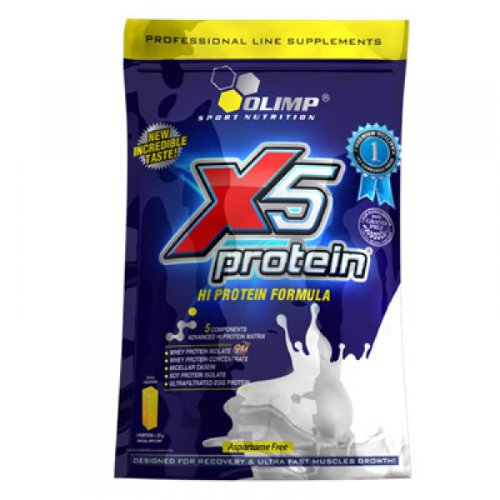 Olimp X5 Protein  700 gr X5 Protein Olimp -один из эффективнейших протеиновых комплексов содержит в точной дозировке пять видов белка. Основными элементами можно назвать фильтрованный яичный, изолят соевого, сывороточный изолят, казеин и так же концентрат сывороточного белков. Эти элементы играют важнейшую роль при формировании мышечной массы спортсмена, насыщают кровь всеми необходимыми микроэлементами для продуктивного занятия спортом и достижения максимальных возможных результатов.